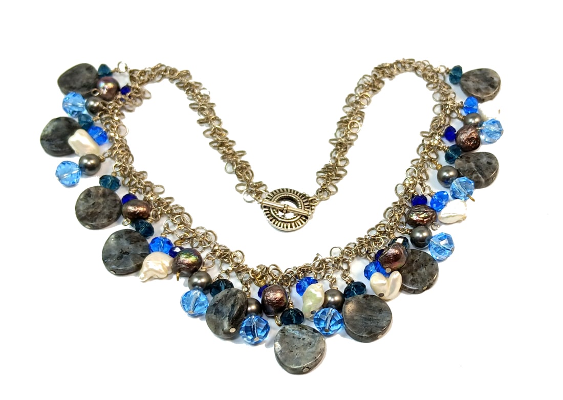 SUPERB NECKLACE OF PEARLS LABRADORITE STERLING CLASP 19": OFFERED HERE IS A SUPERB NECKLACE OF FRESHWATER PEARLS, CRYSTALS AND LABRADORITE. IT FEATURES A STERLING CLASP. THE NECKLACE IS 19" LONG. WE PROVIDE/COMBINE IN-HOUSE SHIPPING.