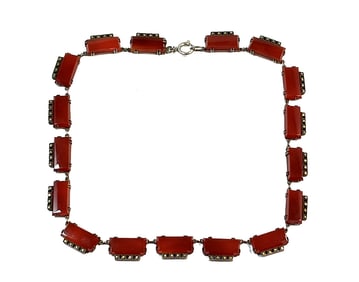 ANTIQUE ART DECO NECKLACE CARNELIAN MARCASITES STERLING SILVER 16"