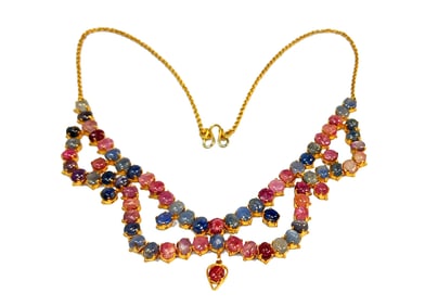 A NATURAL RUBY AND SAPPHIRE NECKLACE 22K GOLD PLATED 17"