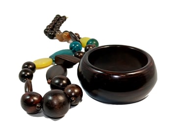 VINTAGE NECKLACE AND BRACELET IN WOOD AGATE AND SEA GLASS