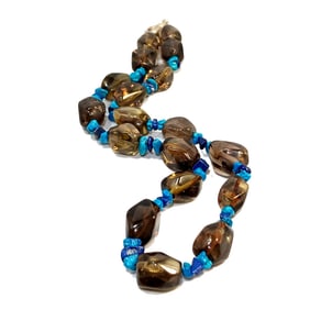 A STUNNING NECKLACE SMOKEY QUARTZ TURQUOISE LAPIS LAZULI 18"