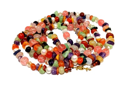 A LONG 45" NECKLACE OF NATURAL GEMSTONES AND PEARLS