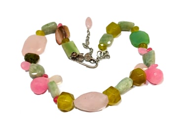 A MULTI- GEMSTONE NECKLACE PINK GREEN QUARTZ   STERLING 18"