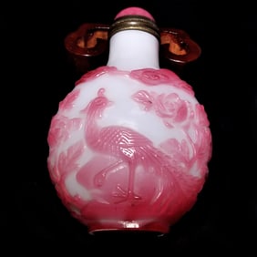 FINE ANTIQUE CHINESE PEKING GLASS SNUFF BOTTLE 18-19TH C PHOENIX PEONIES