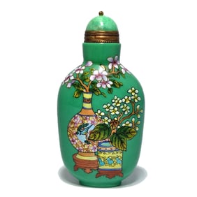 FINE CHINESE PEKING GLASS ENAMEL SNUFF BOTTLE FLOWERS QIANLONG MARK