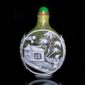 BEAUTIFUL CHINESE PEKING GLASS SNUFF BOTTLE ELDER BRIDGE PRUNUS TREE