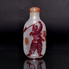 FINE ANTIQUE CHINESE SIGNED PEKING GLASS SNUFF BOTTLE WARRIOR 18-19C