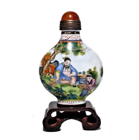 CHINESE ENAMEL ON COPPER BOYS ELDERS SNUFF BOTTLE QIANLONG MARK