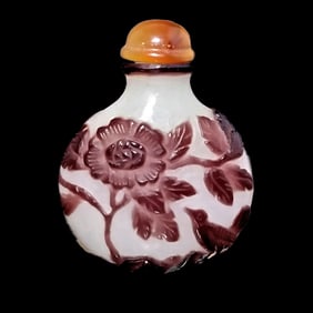 SUPERB ANTIQUE CHINESE PEKING GLASS SNUFF BOTTLE PEONIES BIRD 18-19C