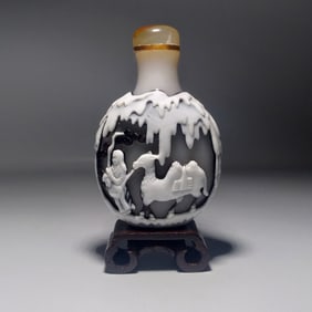 FINE ANTIQUE CHINESE PEKING GLASS SNUFF BOTTLE SNOW SCENE WOMAN TIGER CAMEL