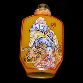 FINE CHINESE SNUFF BOTTLE SIGNED YELLOW GLASS ENAMEL IMMORTAL QIANLONG MARK