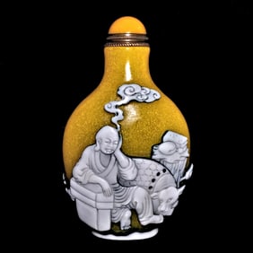 EXQUISITE CHINESE PEKING GLASS SNUFF BOTTLE LUOHANS