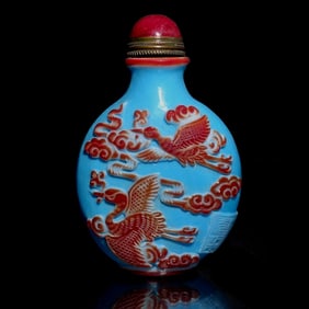 CHINESE PEKING GLASS SNUFF BOTTLE STORKS SUN QIANLONG SEAL