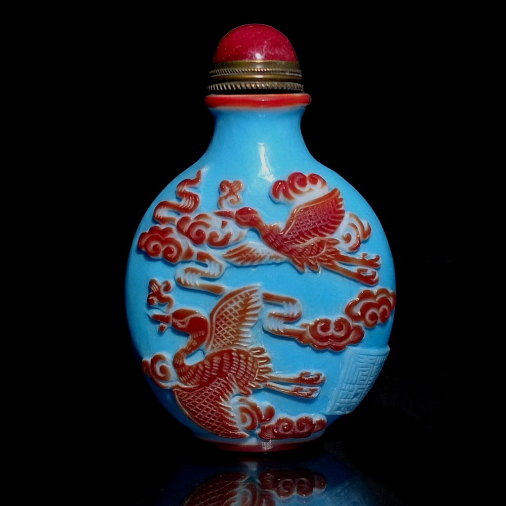 CHINESE PEKING GLASS SNUFF BOTTLE STORKS SUN QIANLONG SEAL (1 of 8)