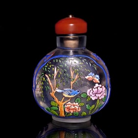 FINE CHINESE ENAMEL PEKING GLASS SNUFF BOTTLE BIRDS QILINS QIANLONG MARK