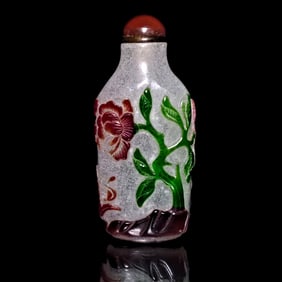 FINE CHINESE PEKING GLASS SNUFF BOTTLE 5 COLORS SQUIRREL BIRD PEONIES