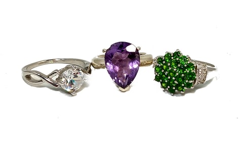 3 ESTATE VINTAGE STERLING RINGS AMETHYST PERIDOT SIZES 10,10, 6.5