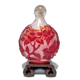 ANTIQUE CHINESE PEKING GLASS SNUFF BOTTLE BUTTERFLY PEONY BAT PEACHES