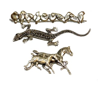 3 ESTATE VINTAGE STERLING SILVER BROOCHES LIZARD HORSE BIRDS