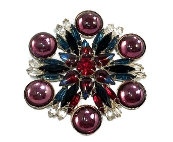 A GORGEOUS  VINTAGE RHINESTONE BROOCH 3" PURPLE BLACK RED