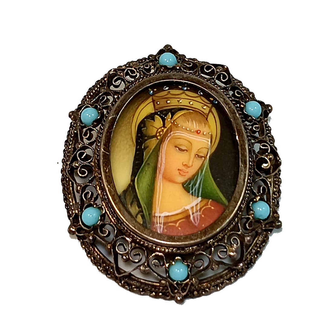 AN ANTIQUE ITALIAN PORTRAIT BROOCH MADONNA, SILVER AND TURQUOISE (1 of 6)