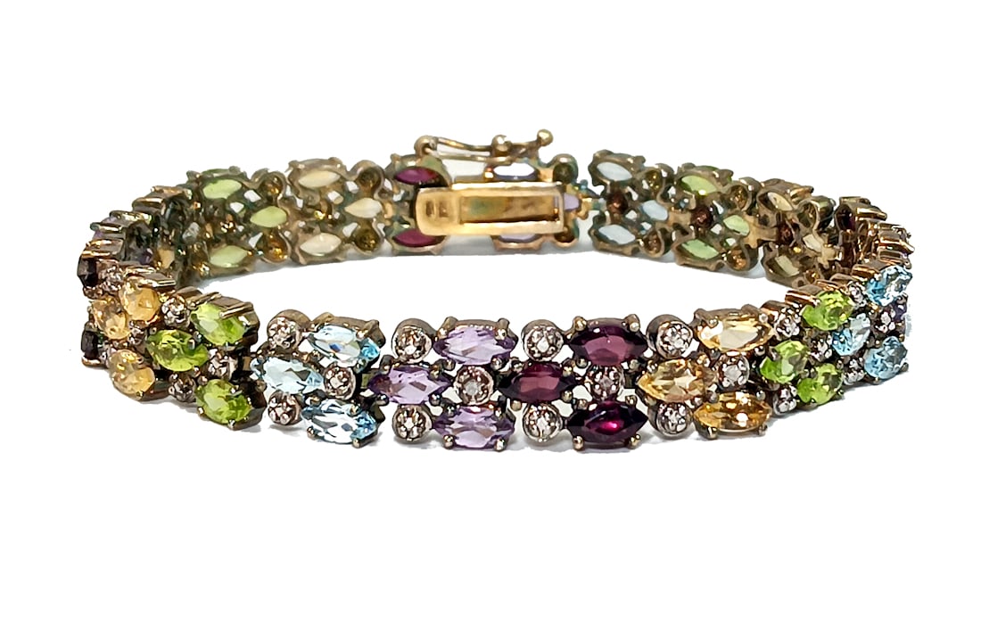 A STUNNING VINTAGE STERLING SILVER  GEMSTONE BRACELET 7.25" GARNET PERIDOT (1 of 5)