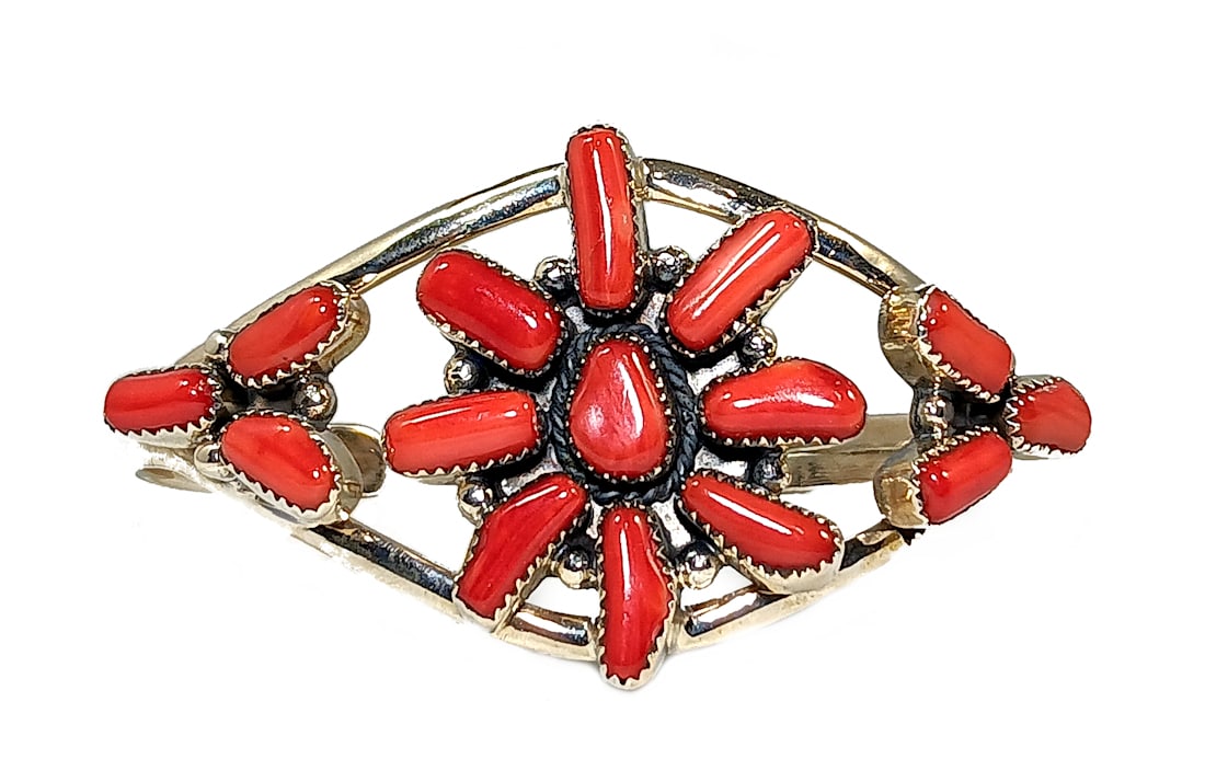 AN IMPRESSIVE CUFF STERLING SILVER CORAL SOUTHWESTERN STYLE  925  2.5" D (1 of 7)