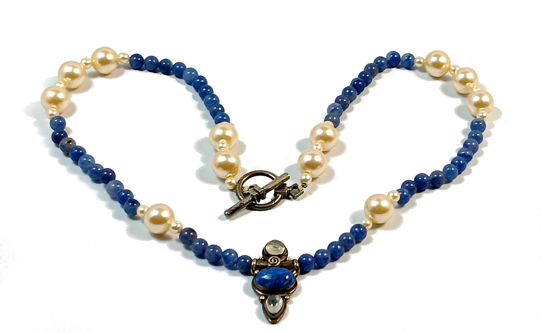 A PENDANT NECKLACE SIGNED SAJEN MOONSTONE FACE LAPIS CHALCEDONY 21" (1 of 6)