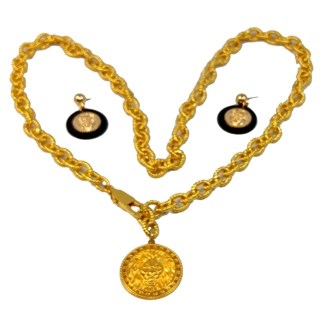 A HIGH-END VINTAGE NECKLACE FEATURING A LION'S HEAD PLUS EARRINGS: OFFERED HERE IS A HIGH-END VINTAGE NECKLACE FEATURING A LION'S HEAD MEDALLION, MEASURING 30" LONG. IT IS DEFINITELY A DESIGNER PIECE. WE HAVE MATCHED IT WITH A PAIR OF LION'S HEAD EARRINGS. WE PROVIDE