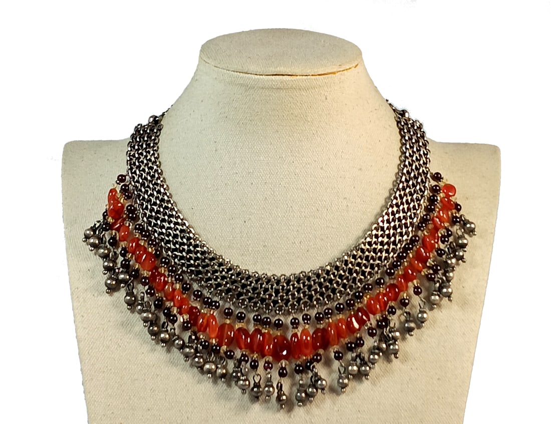 AN OUTSTANDING YEMENITE JEWISH NECKLACE STERLING GARNET CARNELIAN 16" (1 of 3)