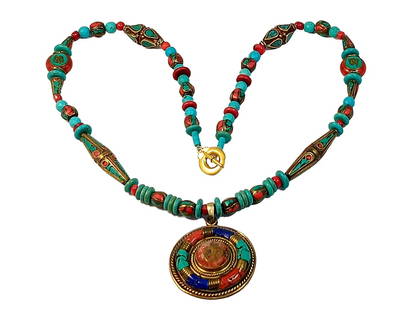 A FABULOUS LARGE VINTAGE TIBETAN INLAY NECKLACE 28" LAPIS LAZULI TURQUOISE: OFFERED HERE IS A FABULOUS LARGE VINTAGE TIBETAN INLAY NECKLACE. THE NECKLACE IS 28" LONG. IT FEATURES INTRICATE INLAY BEADS OF LAPIS, TURQUOISE AND FAUX CORAL. WE PROVIDE FREE IN-HOUSE SHIPPING WITHI