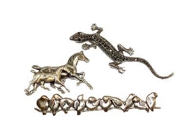 LOT OF 3  VINTAGE STERLING SILVER BROOCHES LIZARD HORSE BIRDS