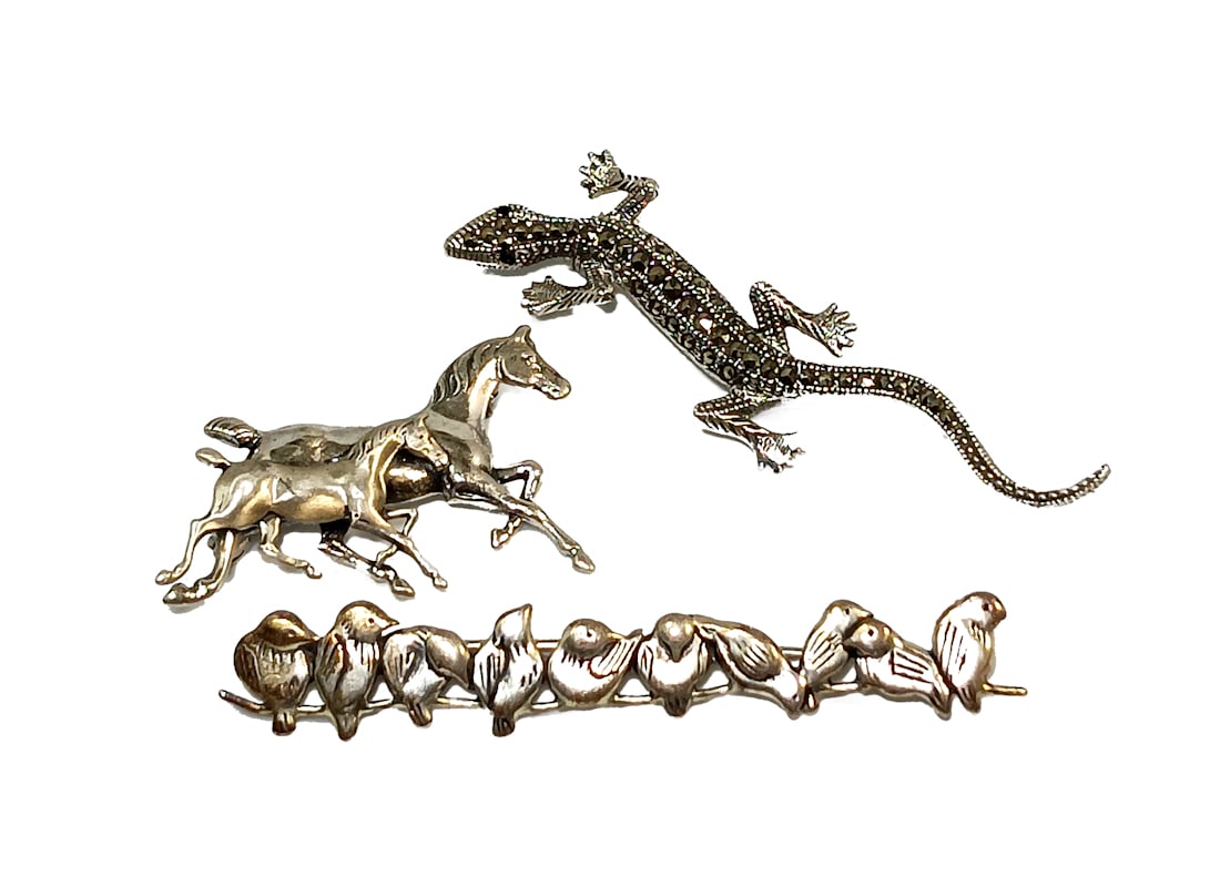 LOT OF 3  VINTAGE STERLING SILVER BROOCHES LIZARD HORSE BIRDS (1 of 2)