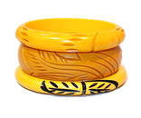 LOT OF 3 VINTAGE NICELY CARVED YELLOW BAKELITE BANGLES BRACELETS
