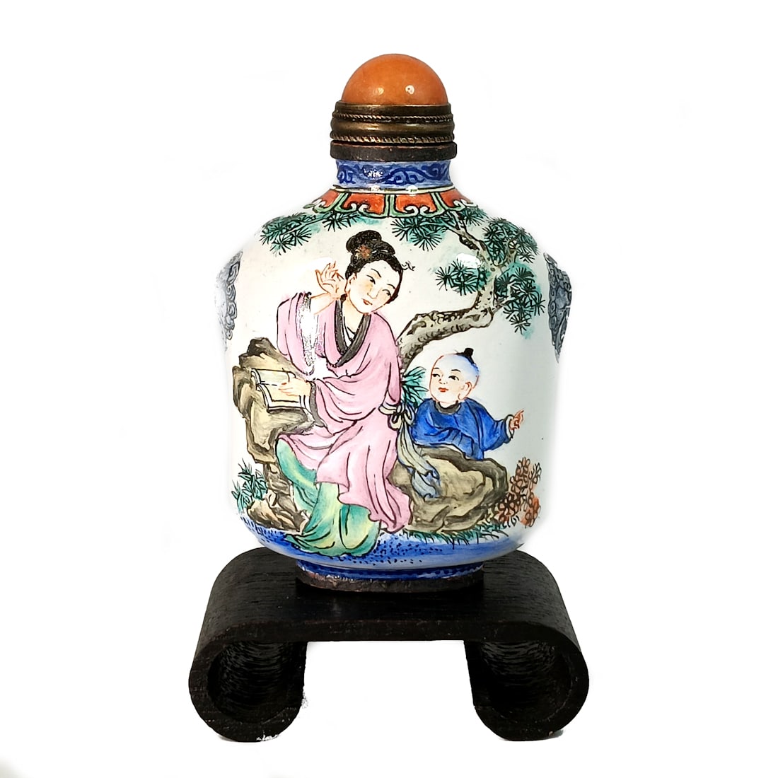 SUPERB CHINESE SNUFF BOTTLE ENAMEL ON COPPER PEOPLE QIANLONG MARK (1 of 8)