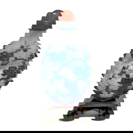 FINE ANTIQUE CHINESE PEKING GLASS SNUFF BOTTLE BIRDS PRUNUS