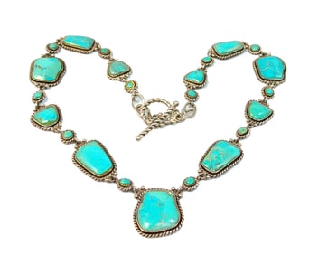 A FINE VINTAGE SOUTHWESTERN 17" NECKLACE TURQUOISE 925 55 GRAMS