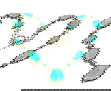 A FINE VINTAGE SOUTHWESTERN 17" NECKLACE TURQUOISE 925 55 GRAMS: THIS LOT FEATURES A FINE VINTAGE SOUTHWESTERN NECKLACE. THE NECKLACE FEATURES SUPERB TURQUOISE STONES IN STERLING SET. IT IS 17" LONG AND WEIGHT 55 GRAMS. MARKED 925. PROPERTY OF A FLORIDA COLLECTOR.