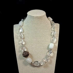 A ROCK CRYSTAL AND WHITE JADEITE STERLING SILVER NECKLACE BY BARSE 18"