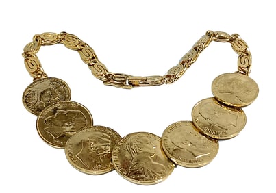 A STUNNING LARGE VINTAGE GOLD -TONE COIN NECKLACE 18"