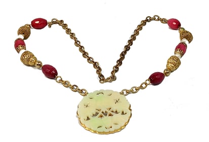 A STUNNING 26" VINTAGE HOBE NECKLACE BROOCH ASIAN MOTIF