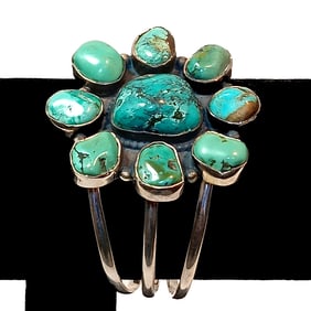 AN EXQUISITE VINTAGE SOUTHWESTERN STERLING 925 TURQUOISE CUFF 2.5" DIAMETER
