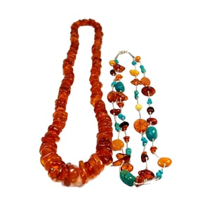 2 BALTIC AMBER NECKLACES 23" AND 17" SOUTHWESTERN TURQUOISE