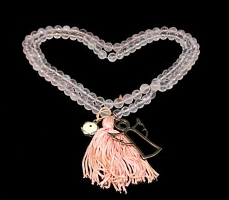 A SUPERB FACETED ROSE QUARTZ PRAYER NECKLACE ANGEL PENDANT 33"