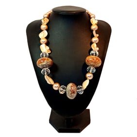 VINTAGE NECKLACE OF JASPER STONES CRYSTALS MOTHER OF PEARL LUCITE