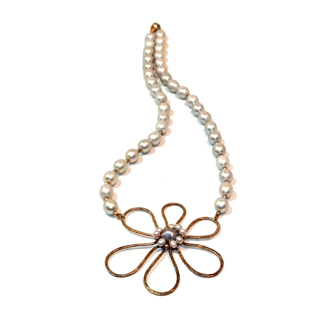 FINE VINTAGE NATURAL PEARL NECKLACE WITH A FLOWER STERLING 925 PENDANT 15" (1 of 4)