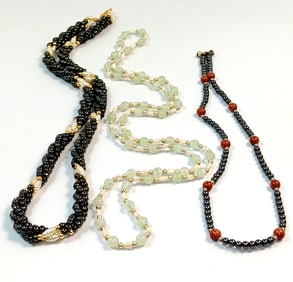 LOT OF 3 NATURAL STONES ONYX JADE HEMATITE AND PEARL NECKLACES