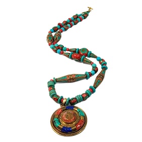 A FABULOUS LARGE VINTAGE TIBETAN INLAY NECKLACE 28" LAPIS LAZULI TURQUOISE