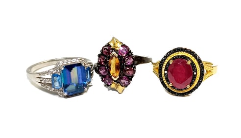 3 BEAUTIFUL VINTAGE STERLING RINGS TOURMALINE RUBY TANZNITE SIZES 8, 9.5, 10
