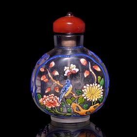AN EXQUISITE CHINESE ENAMEL PEKING GLASS SNUFF BOTTLE BIRDS QILINS QIANLONG MARK
